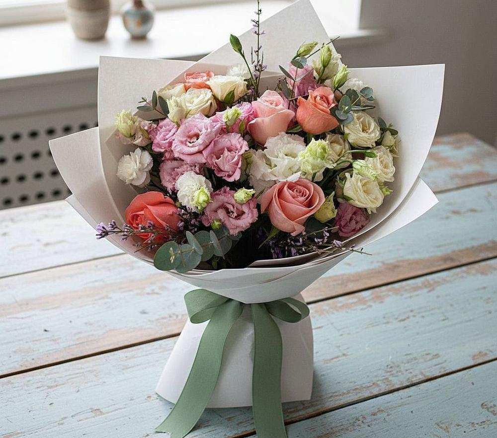 Букет цветов из: Розы, Лизиантусы и Гвоздики в Аристово