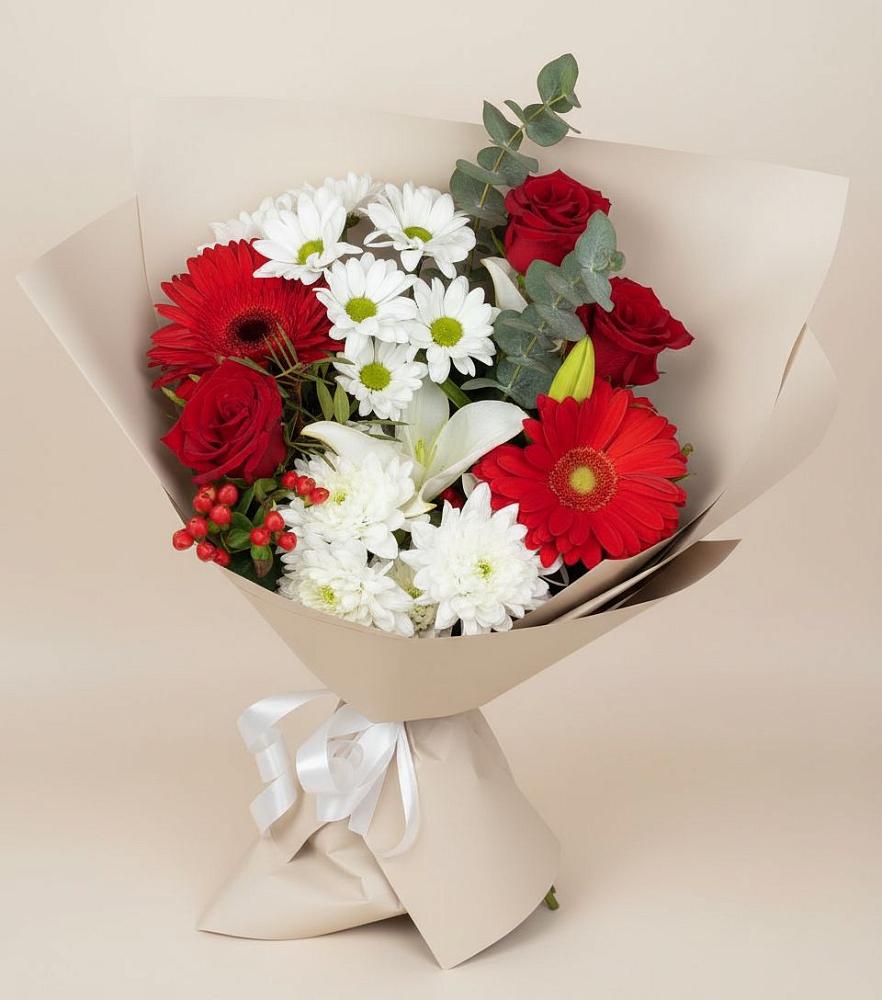 Букет цветов из: Розы, Хризантемы, Герберы и Лилии в Аристово