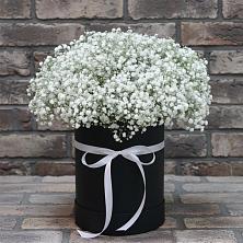 Цветочная композиция из Гипсофила в шляпной коробке в Аристово
