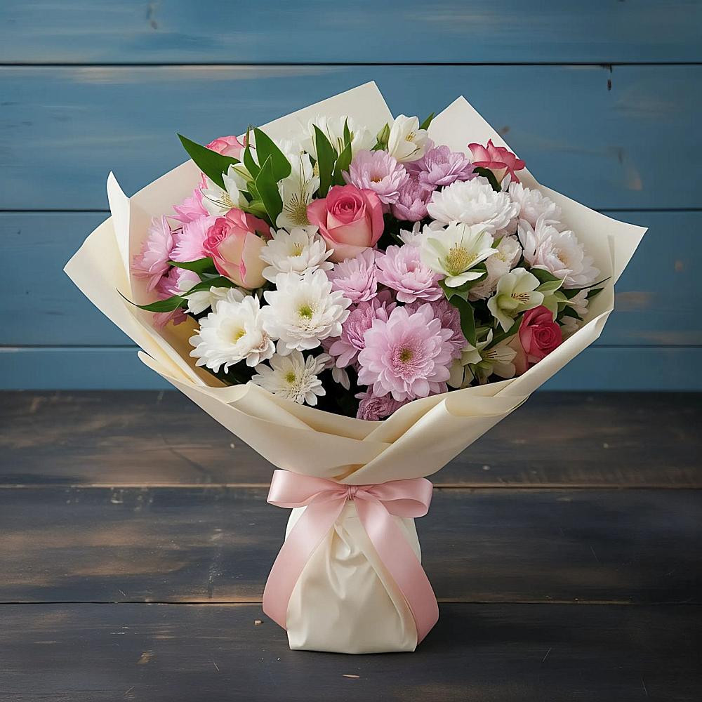 Букет цветов из: Хризантемы, Альстромерии и Розы в Аристово